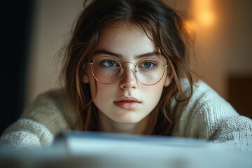 person with tousled hair in a cozy knit sweater leaning over a blurred book or laptop on a dimly lit table, warm lamp glow, focused and contemplative
