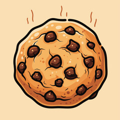 A warm, freshly baked chocolate chip cookie with visible chocolate chunks and subtle steam rising.