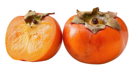 Bright orange persimmon fruit, one whole, one halved