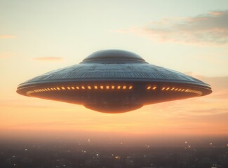 Disc-shaped metallic spacecraft with glowing ring lights hovering above a city at sunset, warm orange sky and misty horizon evoking awe and mystery