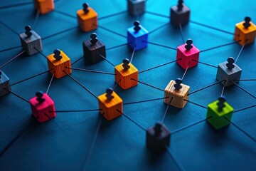 colorful wooden cube network connected by strings and pegs on blue surface conveying teamwork and connectedness
