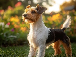 tricolor terrier standing on green lawn in a flower garden at golden hour, alert and curious expression
