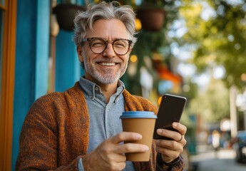 middle-aged man in a cozy orange cardigan holding a takeaway coffee cup and smartphone outside a colorful cafe, relaxed and focused