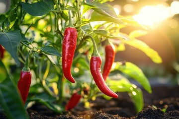 ripe red chili peppers hanging from a green plant above dark soil, bathed in warm golden sunlight, a vibrant fresh and spicy garden scene