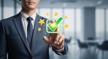 Man in suit touches a virtual green checkmark surrounded by stars in a modern office