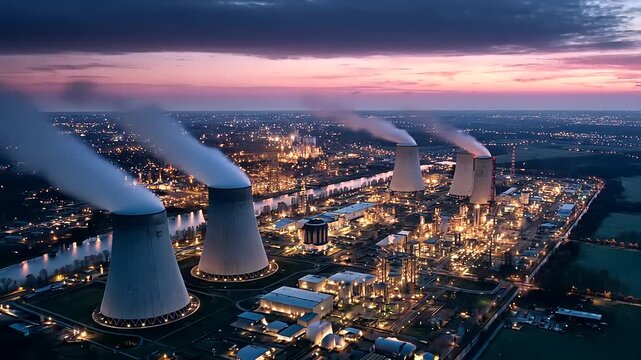 Aerial view of a nuclear power plant at sunset, showcasing cooling towers and industrial landscape