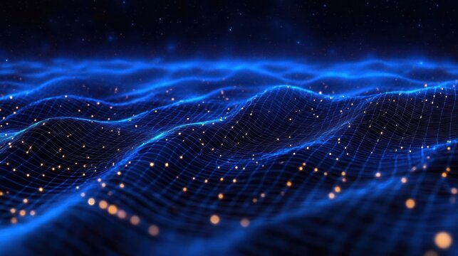 Mesmerizing blue digital wave landscape of undulating luminous grid with glowing golden particles and starry backdrop conveying serene futuristic motion