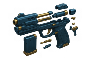 Sci-fi pistol completely disassembled showing all components, futuristic firearm mechanism with transparent background