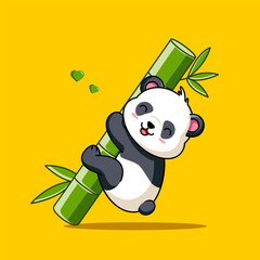 Cute Panda Happy Hugging a Bamboo Vector Illustration Cartoon Design