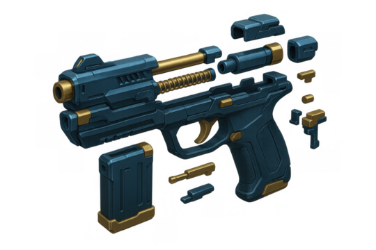 Sci-fi pistol completely disassembled showing all components, futuristic firearm mechanism with transparent background