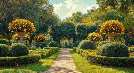 Sunlit formal garden path lined with manicured hedges, spherical topiary and urns overflowing with yellow flowers beneath leafy tree arches, evoking a peaceful, tranquil mood