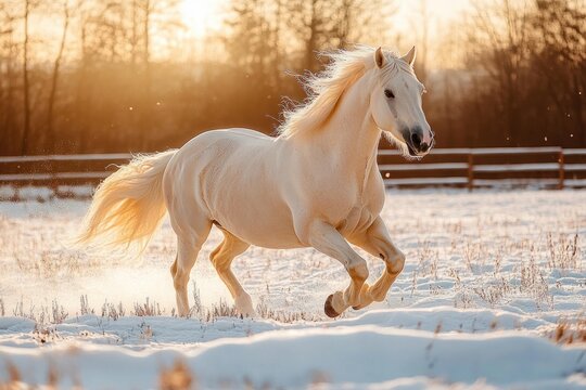White horse galloping across a snow-covered field at golden sunset with flowing mane and tail, backlit fence and trees, joyful sense of freedom and energy