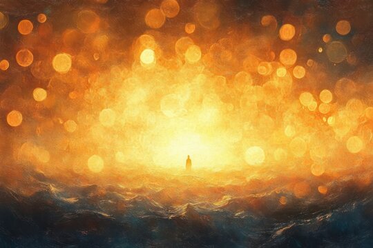 Solitary silhouette on a dark restless sea beneath a vast golden light with floating glowing orbs, evoking awe, solitude and quiet hope