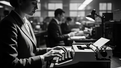 Focused young adult caucasian woman typing on a vintage typewriter in a busy retro office. Cinematic black and white sequence of a professional secretary working diligently at her desk