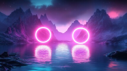 Two glowing pink neon rings hovering above a reflective calm lake between jagged mountain peaks under a starry aurora sky, evoking serene mysterious wonder
