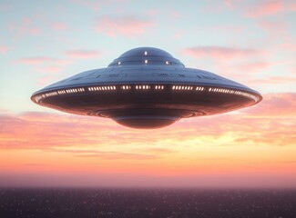 Obraz premium Majestic metallic disc-shaped spacecraft hovering over city lights beneath a pink and orange sunset sky, glowing rim lights and a serene mysterious atmosphere