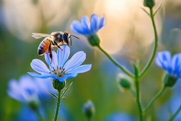 Honeybee perched on a delicate blue wildflower in soft golden backlight, serene peaceful spring pollination scene