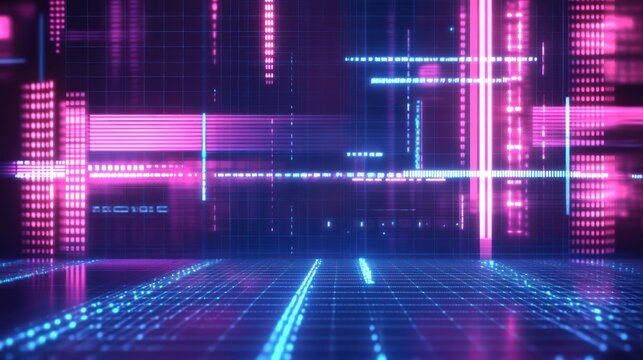 glowing blue and pink neon digital grid with horizontal and vertical light bars, dotted matrix columns and reflective floor evoking a futuristic high‑tech atmosphere