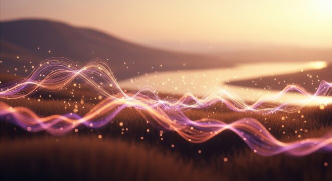 Abstract glowing wave patterns in a serene landscape with warm sunset tones