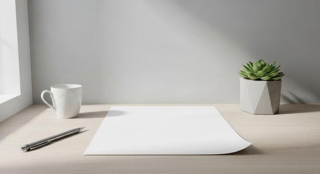 Minimalist workspace setup featuring a blank sheet of paper a pen a ceramic mug and a potted