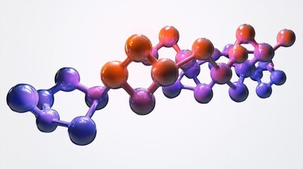 glossy purple and orange connected spheres forming a floating molecular chain on white background, sleek futuristic scientific visualization conveying curiosity and dynamic energy