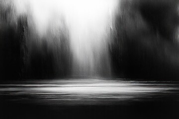 moody monochrome lake with blurred treeline reflections and soft central light, foggy tranquil and mysterious atmosphere