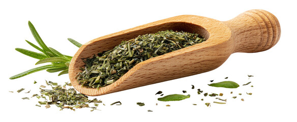 Dried herbs in wooden scoop with fresh sprigs