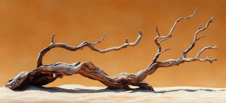 twisted weathered driftwood trunk lying on rippled sand under a warm orange sky, evoking solitude and quiet serenity