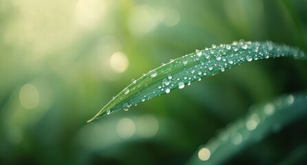 Close-up of a single green grass leaf covered in glistening dew drops in soft morning light, conveying calm, freshness and peaceful serenity