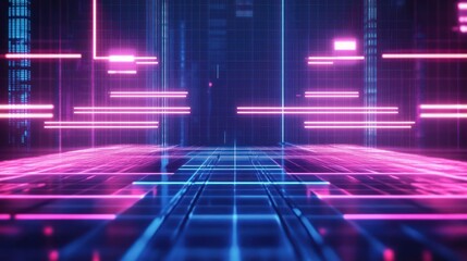 Futuristic neon grid corridor with glowing blue and pink floor, horizontal light bars and vertical data lines creating an immersive cyber digital atmosphere