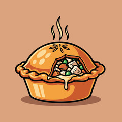 A steaming hot cartoon chicken pot pie with a cut-out crust revealing a savory filling of chicken, peas, and carrots, with sauce dripping.
