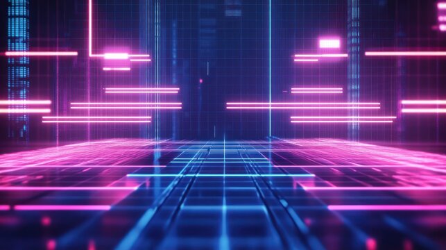 Futuristic neon grid corridor with glowing blue and pink floor, horizontal light bars and vertical data lines creating an immersive cyber digital atmosphere
