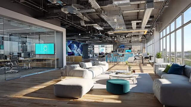 Modern office interior showcasing collaborative workspace with large windows and vibrant decor