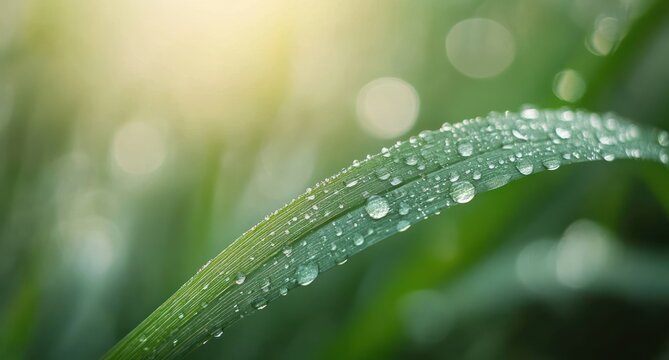 Curved green grass blade covered in dew drops with soft morning sunlight and bokeh, evoking fresh calm and tranquility - Powered by Adobe