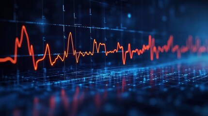 glowing red waveform trace across a futuristic blue digital grid and matrix conveying tension, motion and real-time data monitoring