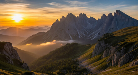 Majestic Sunrise Over the Dolomites: Mountain Peaks Bathed in Golden Light
