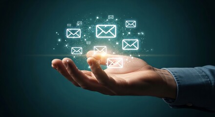 Digital communication concept with glowing email icons floating above an open hand