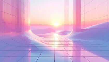 Futuristic digital landscapes, vaporwave aesthetics, shiny pink and purple tiles, sunrise or sunset, surreal landscapes, light reflections.abstract technology background