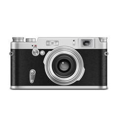 Fototapeta premium Classic vintage black and silver rangefinder film camera with a prominent lens and silver accents isolated on a Transparent PNG background