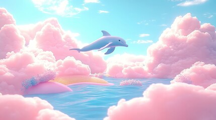 Playful blue dolphin leaping over calm blue water surrounded by fluffy pink cloud islands and cotton-candy clouds under a bright pastel sky, dreamy and serene