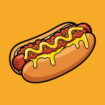 Vibrant cartoon illustration of a classic hot dog with chili and mustard on a toasted bun, presented on a warm orange background.