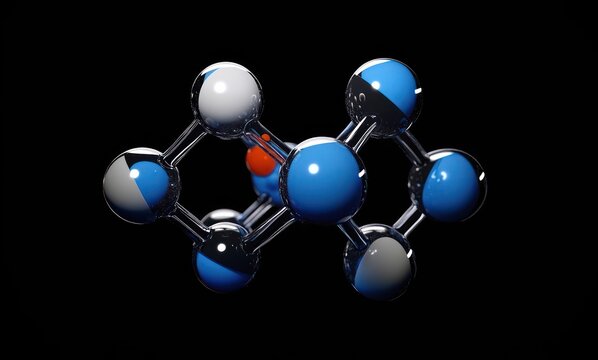 A glossy ball-and-stick molecular model with blue, white and one red atom connected by reflective rods floating against a black background, evoking sleek scientific precision - Powered by Adobe