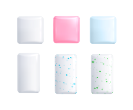 Six different colorful and patterned small rectangular objects arranged in two rows against a Transparent PNG  background