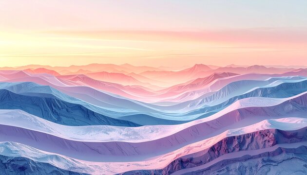 Abstract painting of mountains, sunset, pastel colors, blue, pink, purple, white, snowy peaks, layered landscape.sunset in mountains