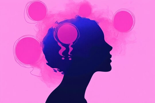 silhouette of a woman in profile on bright pink background with smoky swirls and floating pink circles and a question mark thought bubble expressing curiosity and introspective wonder - Powered by Adobe
