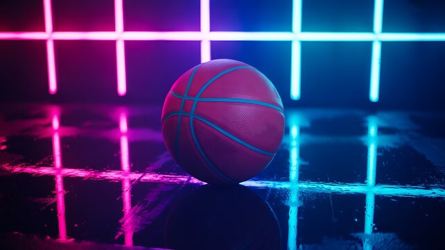 Basketball on reflective court under neon blue and pink lights with futuristic sports aesthetic