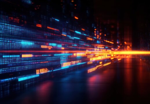 futuristic glowing data corridor with blue and orange neon light streaks racing through a dark digital grid, evoking speed, energy and high-tech motion - Powered by Adobe