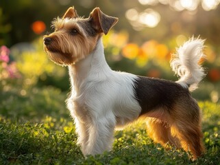 tricolor small terrier standing alert on sunlit grass with blurred wildflowers and warm golden bokeh, attentive and curious expression