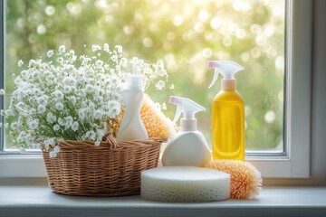 sunlit windowsill with wicker basket of white baby's breath next to spray bottles, sponges and brushes, evoking a fresh, peaceful clean morning