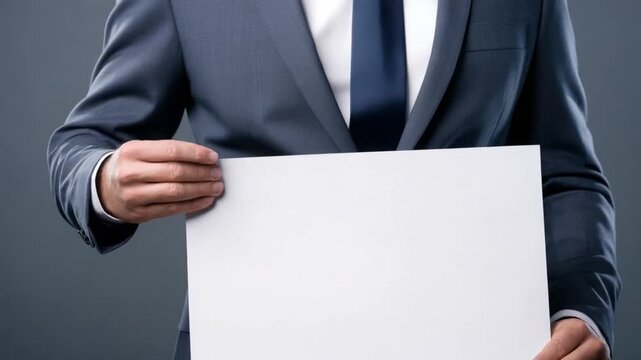 Business Professional Holding a Blank Paper: A distinguished business professional, impeccably dressed in a tailored suit and tie, presents a blank paper.